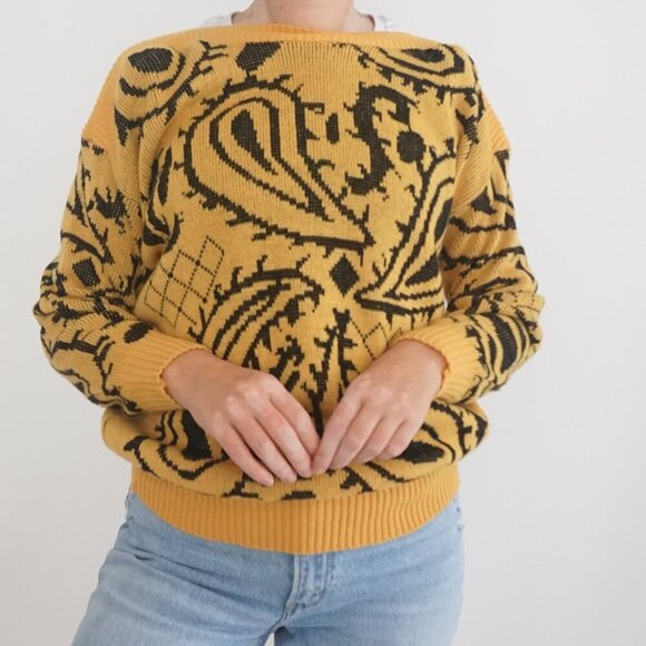 Vintage Paris Star Yellow Black Paisley Knit 20% Mohair Wool Sweater 38 - Picture 2 of 12